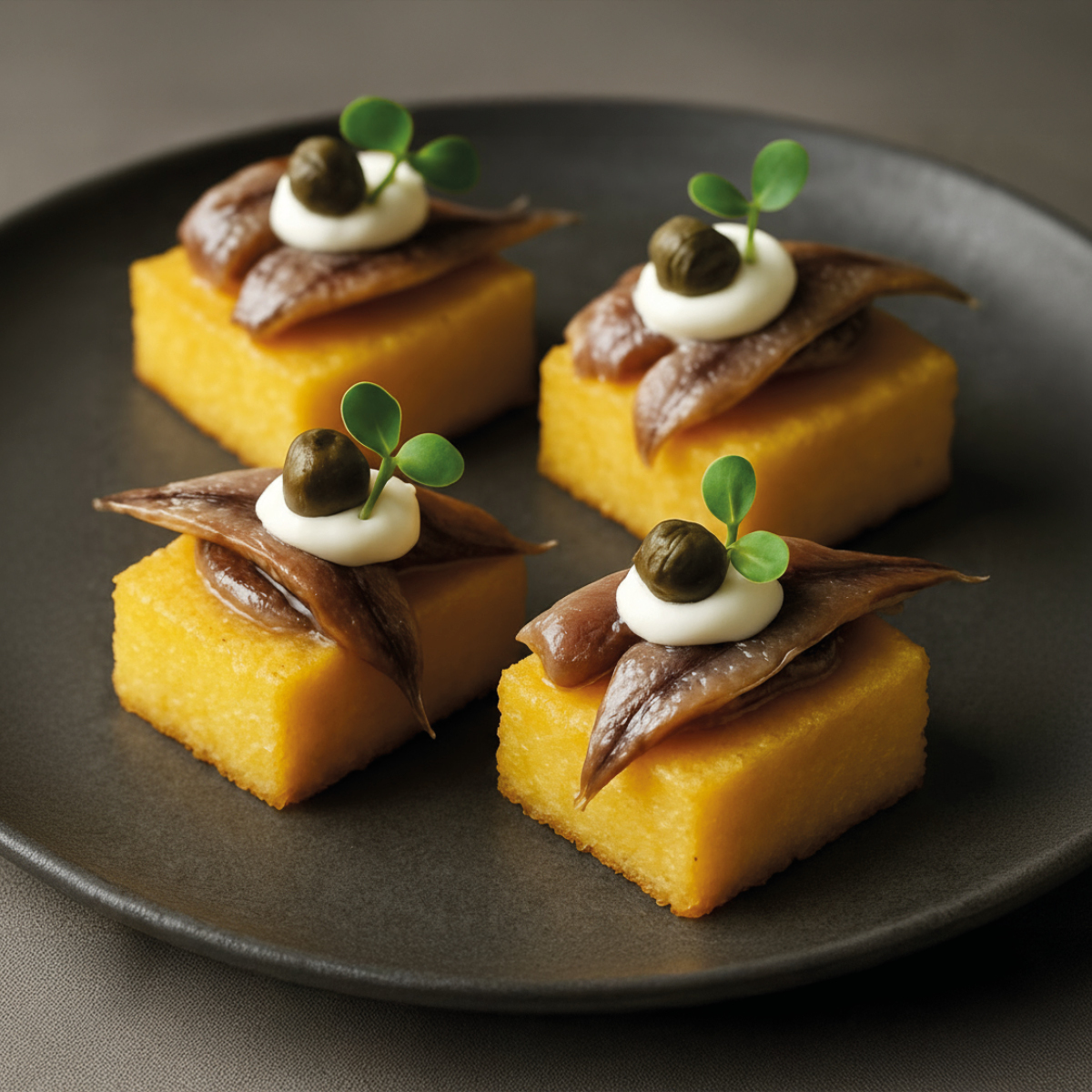 Polentini grižljaji z inčuni, kaprami in smetanovo kremo