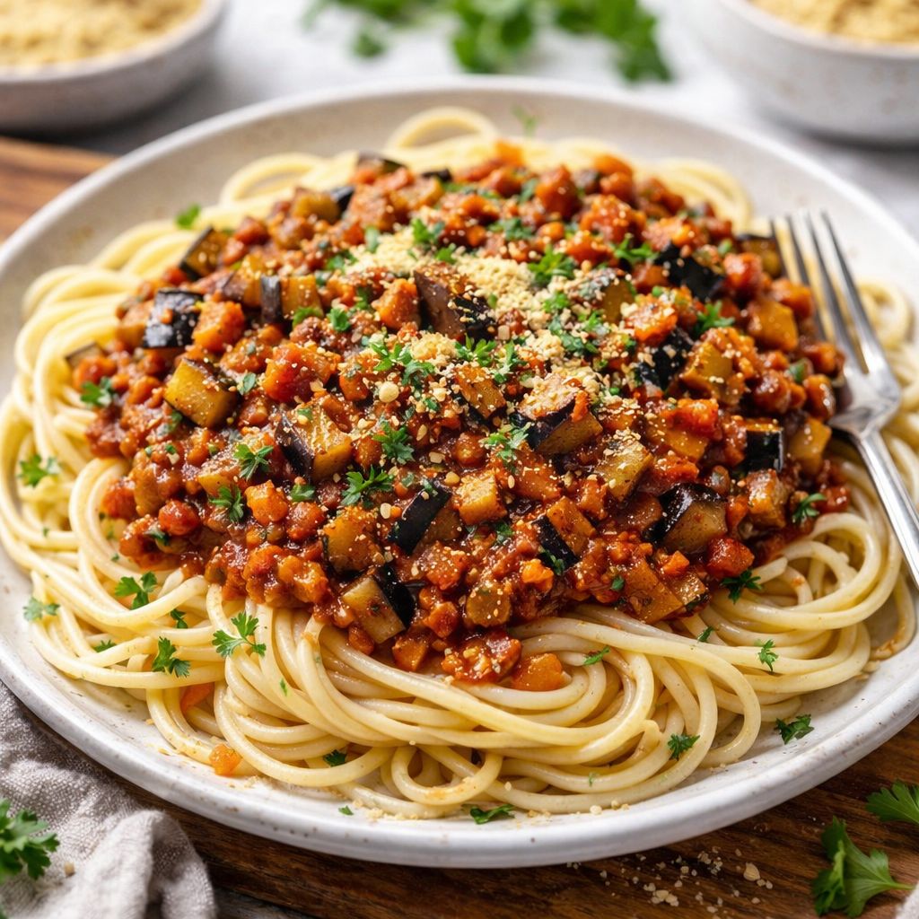 Veganski bolonjez z jajčevcem in brezglutenskimi špageti