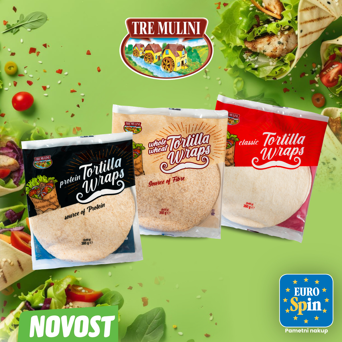 Tortilje, proteinske, pšenične ali polnozrnate, TRE MULINI