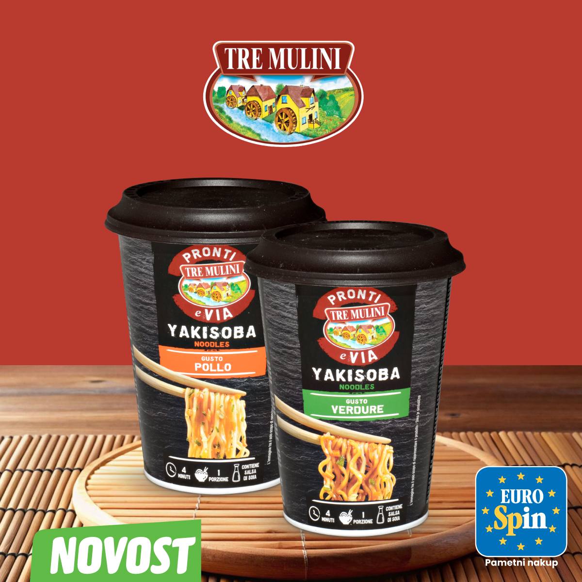 Instant testenine YAKISOBA, okus piščanec ali zelenjava, TRE MULINI